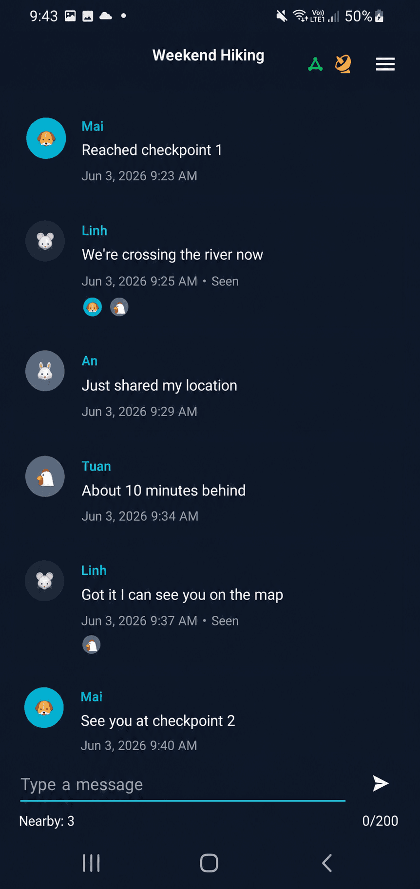 PeerMesh group chat for hiking coordination